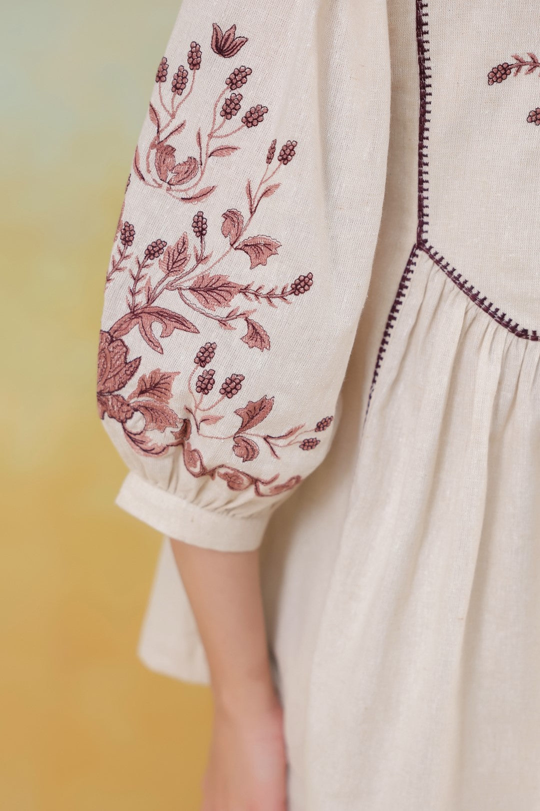 Women’s Cotton Linen Beige Color Embroidered Co-Ord Set: