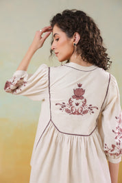 Women’s Cotton Linen Beige Color Embroidered Co-Ord Set: