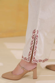 Women’s Cotton Linen Beige Color Embroidered Co-Ord Set: