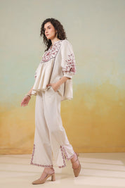 Women’s Cotton Linen Beige Color Embroidered Co-Ord Set: