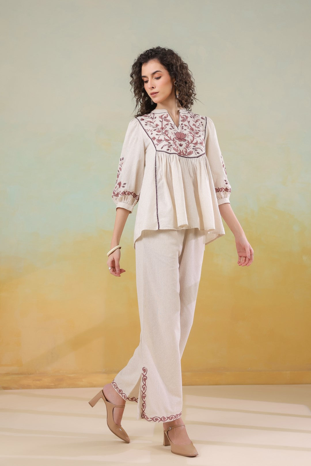 Women’s Cotton Linen Beige Color Embroidered Co-Ord Set: