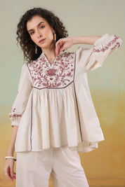 Women’s Cotton Linen Beige Color Embroidered Co-Ord Set: