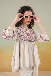 Women’s Cotton Linen Beige Color Embroidered Co-Ord Set: