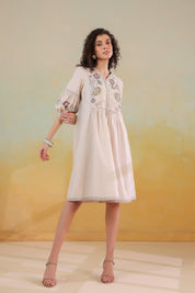 Nyaro Signature Cotton Flex Floral Embroidered Dress – Off White