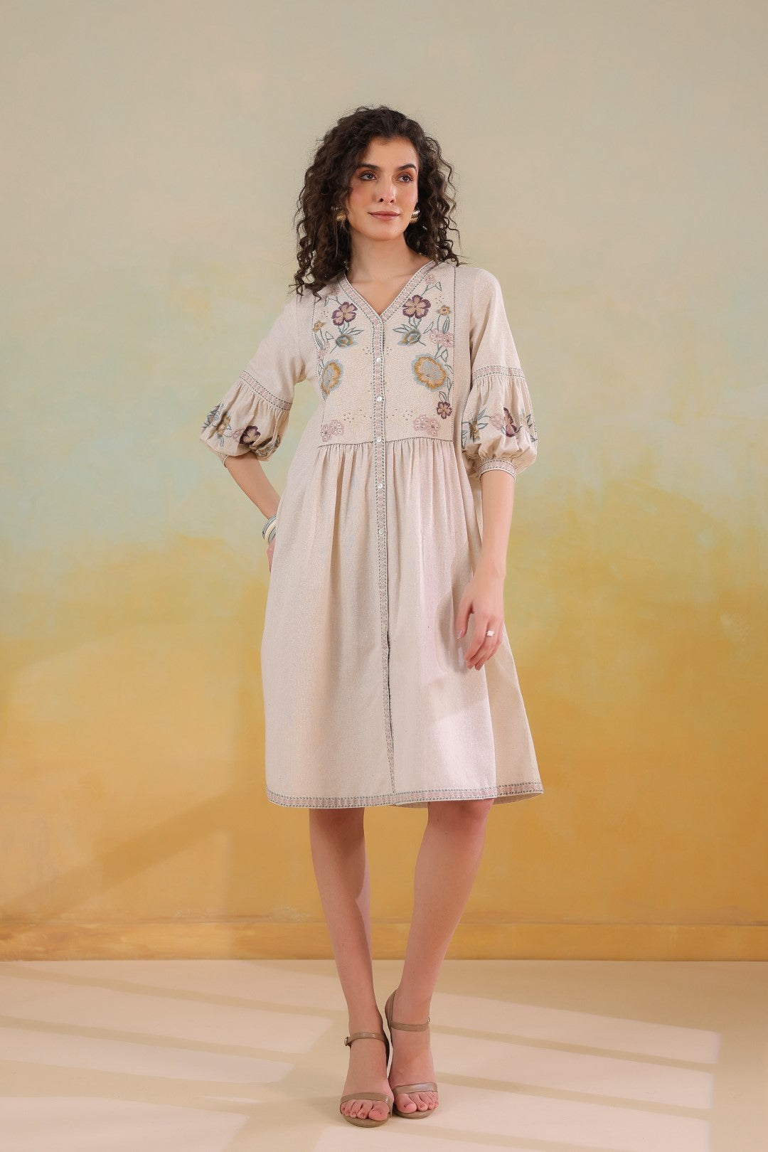 Nyaro Signature Cotton Flex Floral Embroidered Dress – Off White