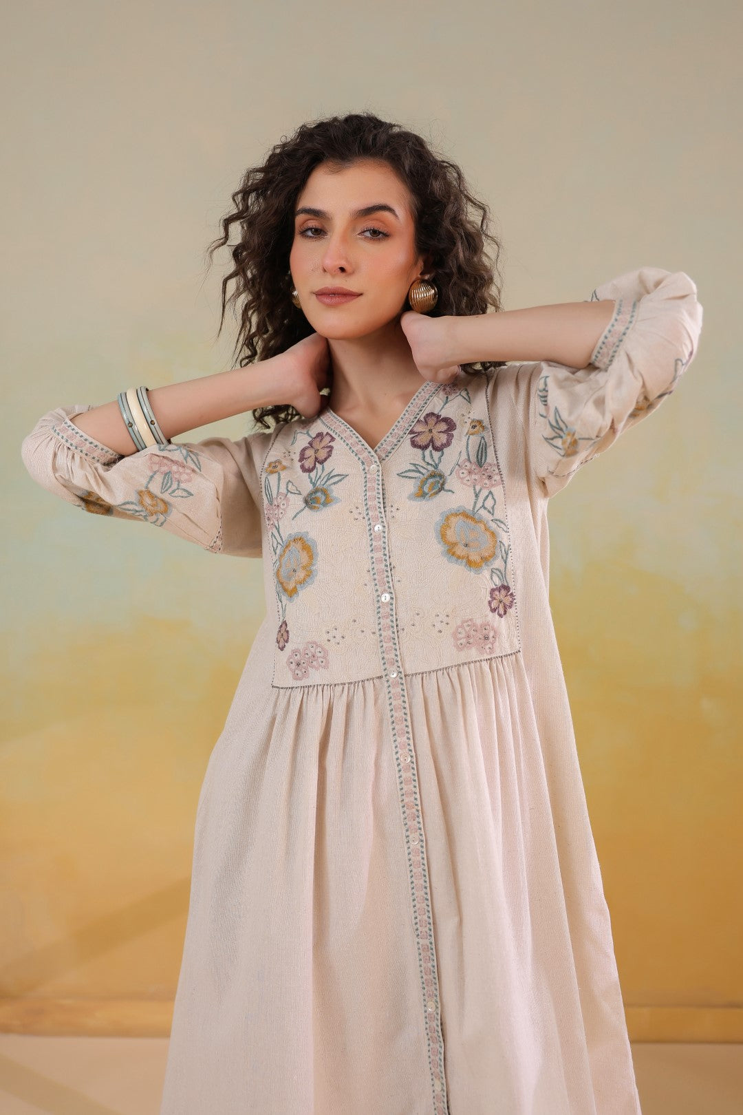 Nyaro Signature Cotton Flex Floral Embroidered Dress – Off White