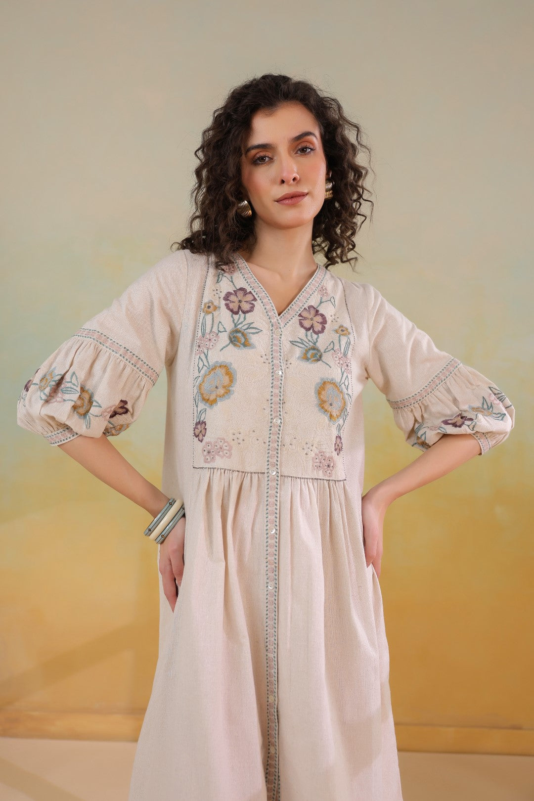 Nyaro Signature Cotton Flex Floral Embroidered Dress – Off White
