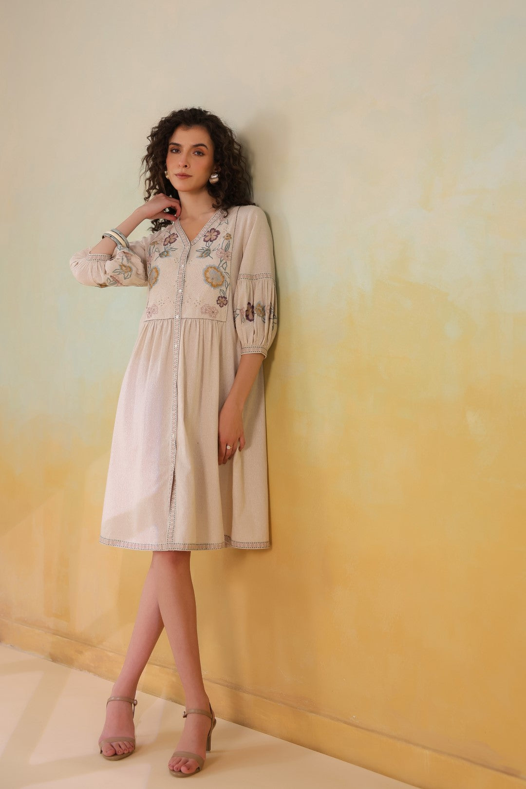 Nyaro Signature Cotton Flex Floral Embroidered Dress – Off White