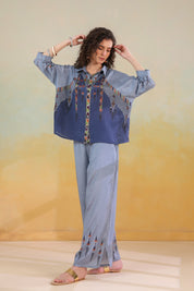 Women’s Viscose Santoon Blue Color Embroidered Co-Ord Set:
