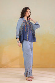 Women’s Viscose Santoon Blue Color Embroidered Co-Ord Set: