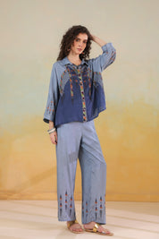 Women’s Viscose Santoon Blue Color Embroidered Co-Ord Set:
