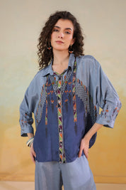 Women’s Viscose Santoon Blue Color Embroidered Co-Ord Set: