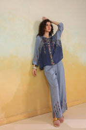 Women’s Viscose Santoon Blue Color Embroidered Co-Ord Set: