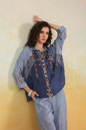 Women’s Viscose Santoon Blue Color Embroidered Co-Ord Set: