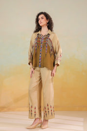 Women’s Viscose Santoon Beige Color Embroidered Co-Ord Set: