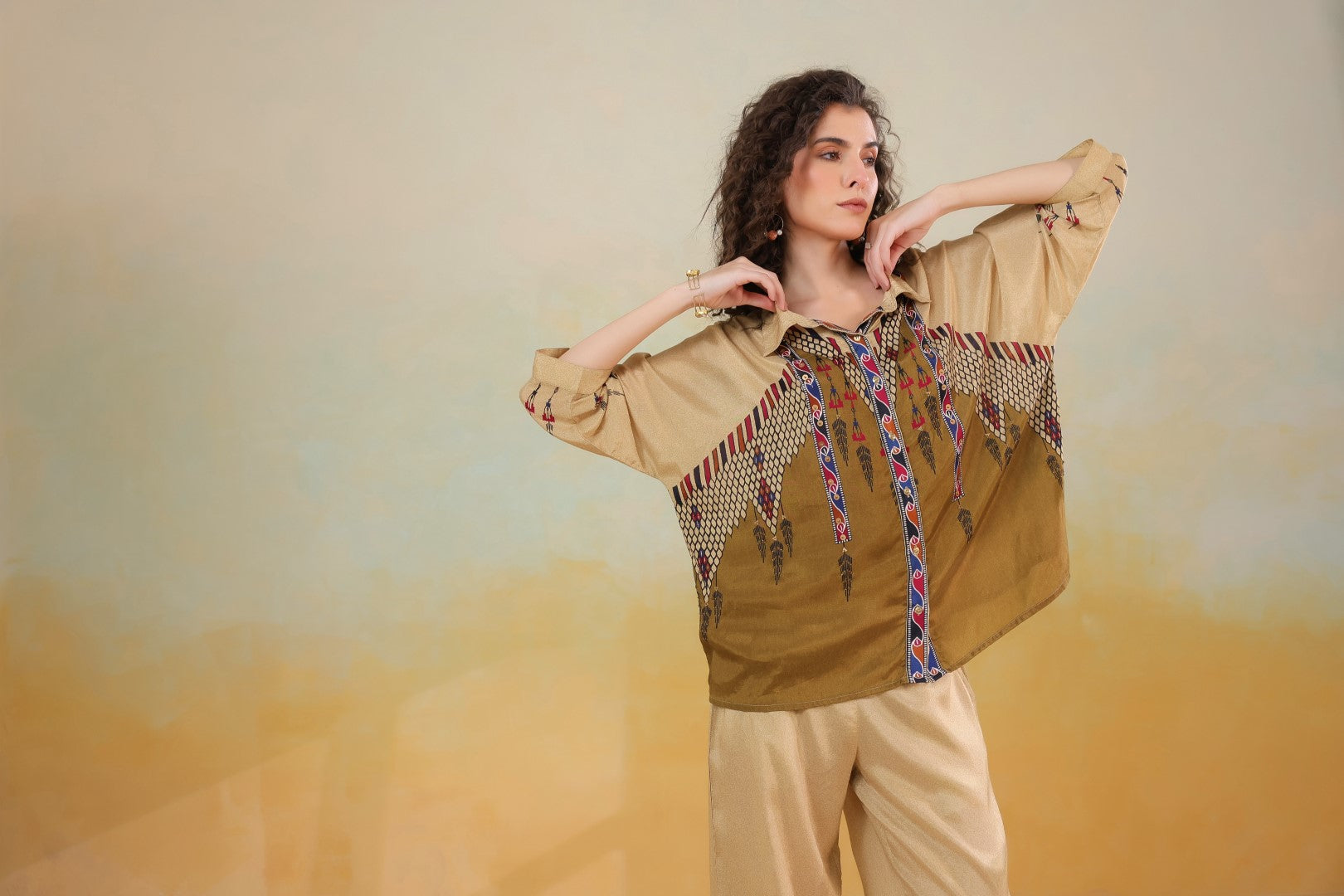 Women’s Viscose Santoon Beige Color Embroidered Co-Ord Set: