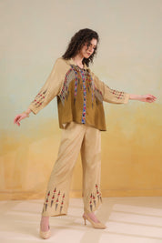 Women’s Viscose Santoon Beige Color Embroidered Co-Ord Set: