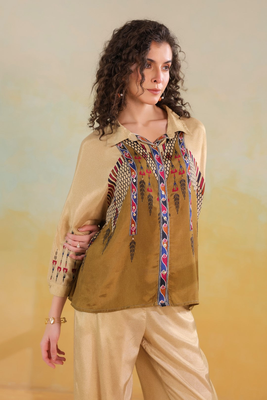 Women’s Viscose Santoon Beige Color Embroidered Co-Ord Set: