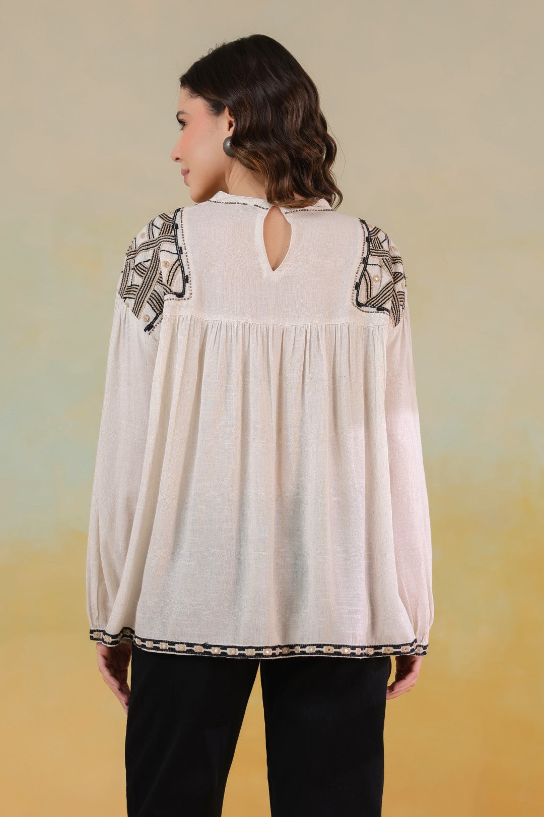 Women’s Cotton Linen Beige Color Embroidered Top: