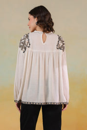 Women’s Cotton Linen Beige Color Embroidered Top:
