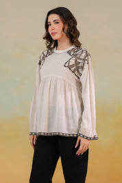 Women’s Cotton Linen Beige Color Embroidered Top: