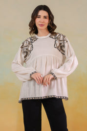 Women’s Cotton Linen Beige Color Embroidered Top: