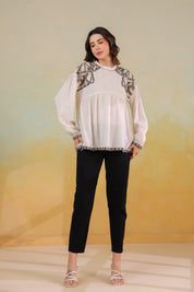 Women’s Cotton Linen Beige Color Embroidered Top: