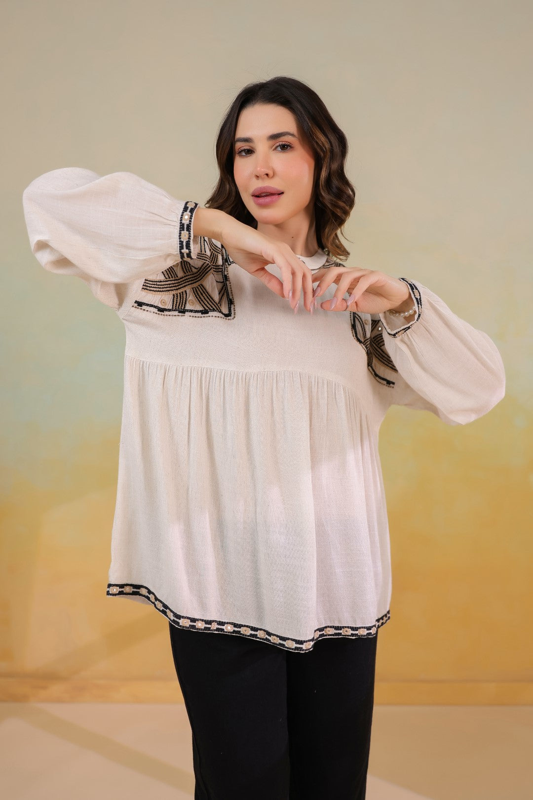 Women’s Cotton Linen Beige Color Embroidered Top: