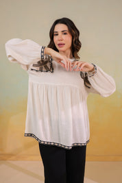 Women’s Cotton Linen Beige Color Embroidered Top: