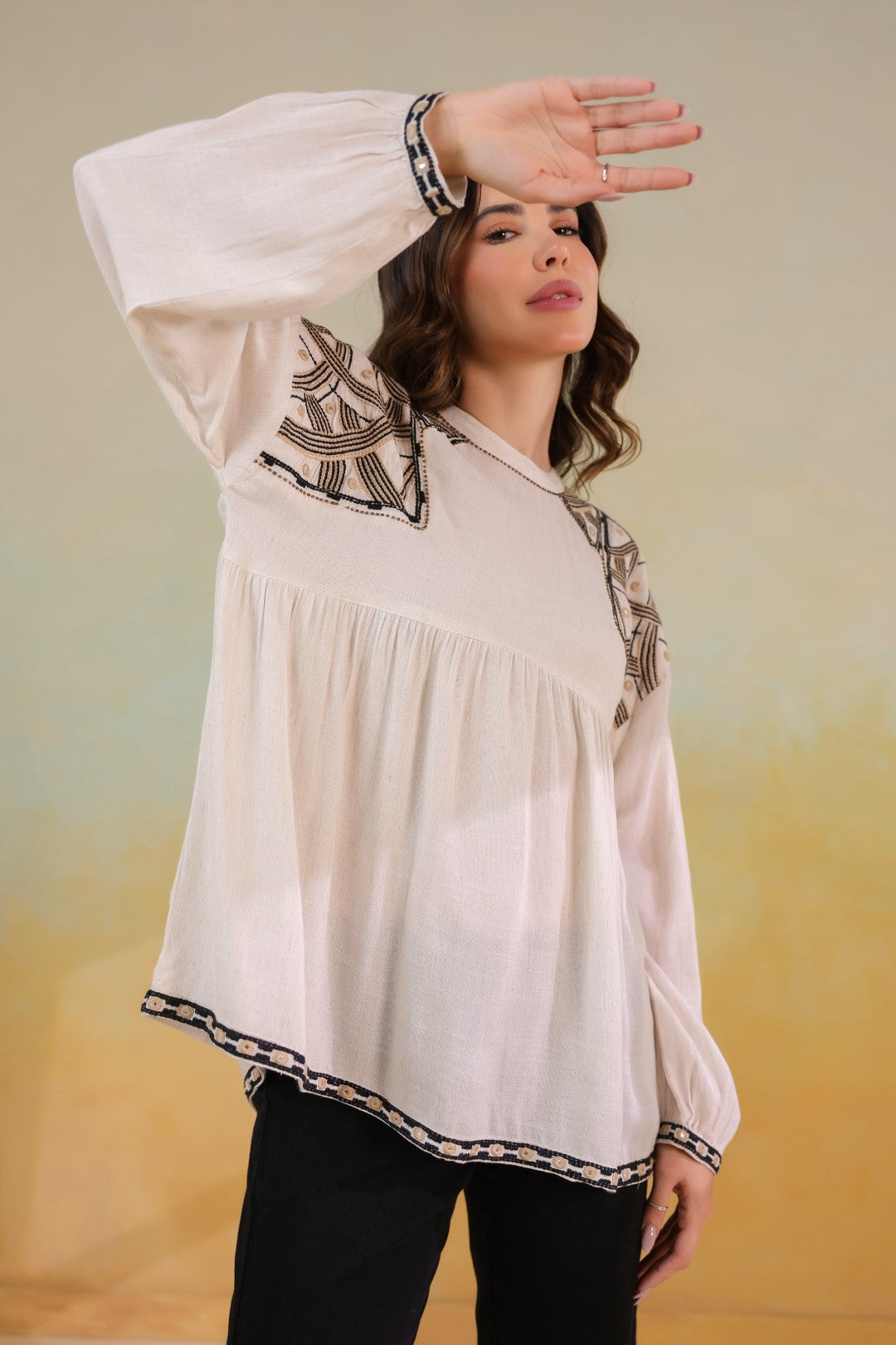 Women’s Cotton Linen Beige Color Embroidered Top: