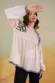 Women’s Cotton Linen Beige Color Embroidered Top: