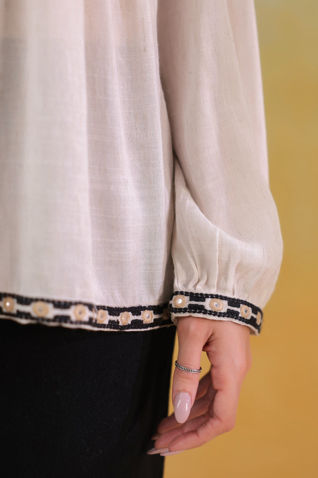 Women’s Cotton Linen Beige Color Embroidered Top: