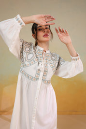 Women’s Cotton Linen White Color Embroidered Dress