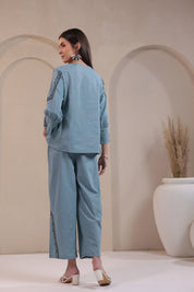 Women's Blue Embroidered Linen Blend Co-Ord Set