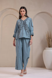 Women's Blue Embroidered Linen Blend Co-Ord Set