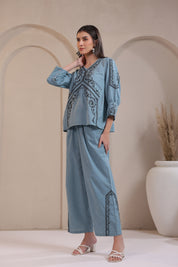 Women's Blue Embroidered Linen Blend Co-Ord Set