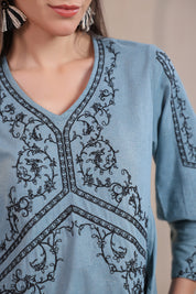 Women's Blue Embroidered Linen Blend Co-Ord Set