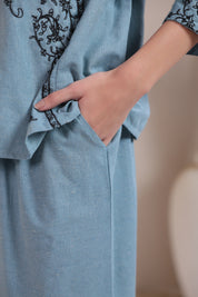 Women's Blue Embroidered Linen Blend Co-Ord Set