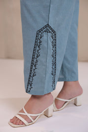 Women's Blue Embroidered Linen Blend Co-Ord Set
