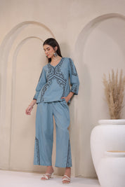 Women's Blue Embroidered Linen Blend Co-Ord Set