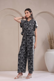 Women’s Black Rayon Printed Co-Ord Set with Lace & Zip-Style Shirt