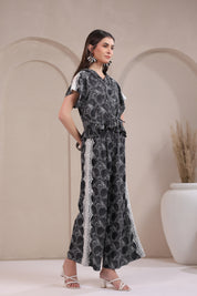 Women’s Black Rayon Printed Co-Ord Set with Lace & Zip-Style Shirt