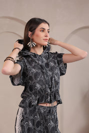 Women’s Black Rayon Printed Co-Ord Set with Lace & Zip-Style Shirt