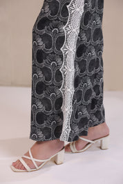 Women’s Black Rayon Printed Co-Ord Set with Lace & Zip-Style Shirt
