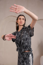 Women’s Black Rayon Printed Co-Ord Set with Lace & Zip-Style Shirt