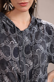 Women’s Black Rayon Printed Co-Ord Set with Lace & Zip-Style Shirt