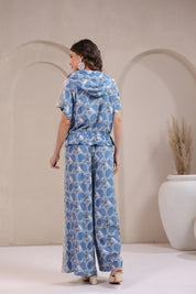 Women’s Blue Rayon Printed Co-Ord Set with Lace & Zip-Style Shirt