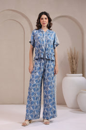Women’s Blue Rayon Printed Co-Ord Set with Lace & Zip-Style Shirt