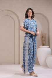 Women’s Blue Rayon Printed Co-Ord Set with Lace & Zip-Style Shirt