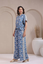 Women’s Blue Rayon Printed Co-Ord Set with Lace & Zip-Style Shirt
